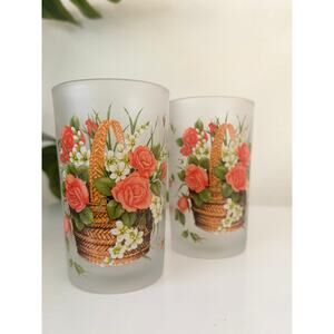 1960s Brilliant Frosted Glasses Rose Basket Floral Glass Set 2 Vintage Barware
